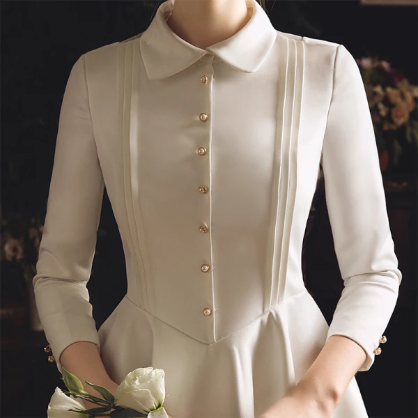 Vintage / Retro Ivory Satin Outdoor / Garden Wedding Dresses 2019 A-Line / Princess High Neck 3/4 Sleeve See-through Backless Buttons Tea-length Ruffle