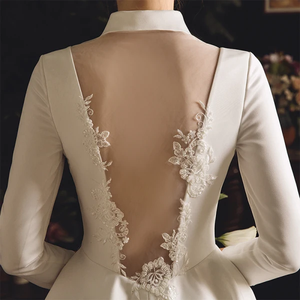 Vintage / Retro Ivory Satin Outdoor / Garden Wedding Dresses 2019 A-Line / Princess High Neck 3/4 Sleeve See-through Backless Buttons Tea-length Ruffle