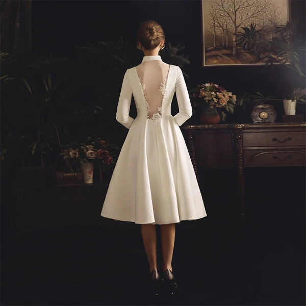 Vintage / Retro Ivory Satin Outdoor / Garden Wedding Dresses 2019 A-Line / Princess High Neck 3/4 Sleeve See-through Backless Buttons Tea-length Ruffle