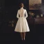 Vintage / Retro Ivory Satin Outdoor / Garden Wedding Dresses 2019 A-Line / Princess High Neck 3/4 Sleeve See-through Backless Buttons Tea-length Ruffle