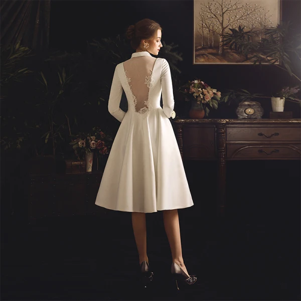 Vintage / Retro Ivory Satin Outdoor / Garden Wedding Dresses 2019 A-Line / Princess High Neck 3/4 Sleeve See-through Backless Buttons Tea-length Ruffle