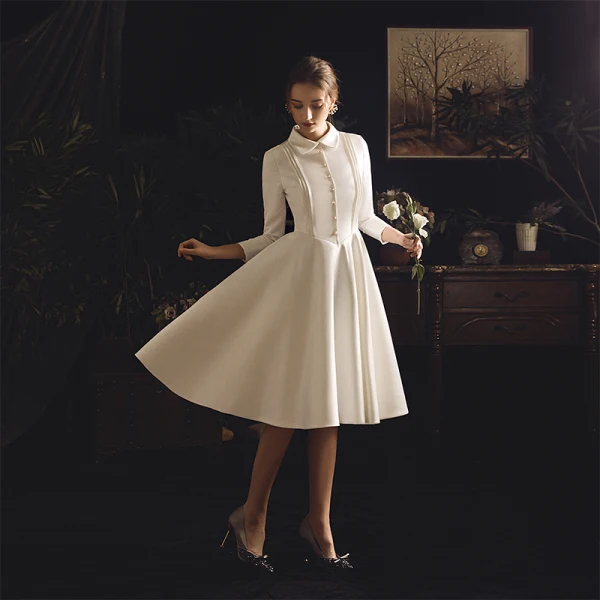 Vintage / Retro Ivory Satin Outdoor / Garden Wedding Dresses 2019 A-Line / Princess High Neck 3/4 Sleeve See-through Backless Buttons Tea-length Ruffle