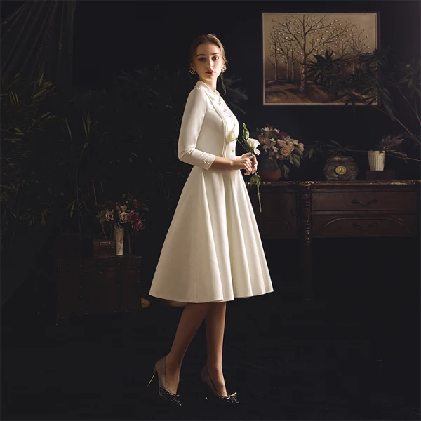 Vintage / Retro Ivory Satin Outdoor / Garden Wedding Dresses 2019 A-Line / Princess High Neck 3/4 Sleeve See-through Backless Buttons Tea-length Ruffle