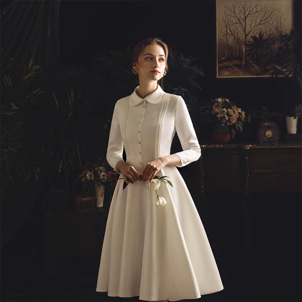 Vintage / Retro Ivory Satin Outdoor / Garden Wedding Dresses 2019 A-Line / Princess High Neck 3/4 Sleeve See-through Backless Buttons Tea-length Ruffle