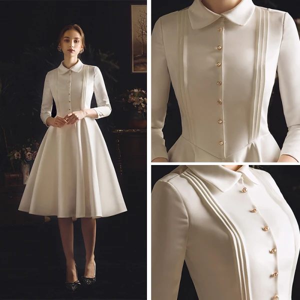 Vintage / Retro Ivory Satin Outdoor / Garden Wedding Dresses 2019 A-Line / Princess High Neck 3/4 Sleeve See-through Backless Buttons Tea-length Ruffle