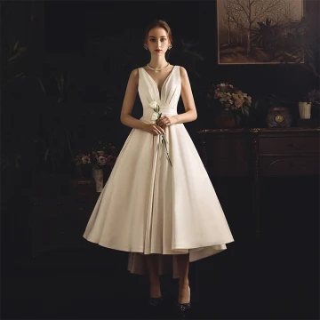 Modest Simple Ivory Satin Outdoor Garden Wedding Dresses 2019 A Line Princess Deep V Neck Sleeveless Backless Asymmetrical Ruffle