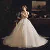 Luxury / Gorgeous Ivory Wedding Dresses 2019 A-Line / Princess Sweetheart Sleeveless Backless Pearl Chapel Train Ruffle