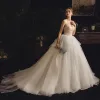 Luxury / Gorgeous Ivory Wedding Dresses 2019 A-Line / Princess Sweetheart Sleeveless Backless Pearl Chapel Train Ruffle