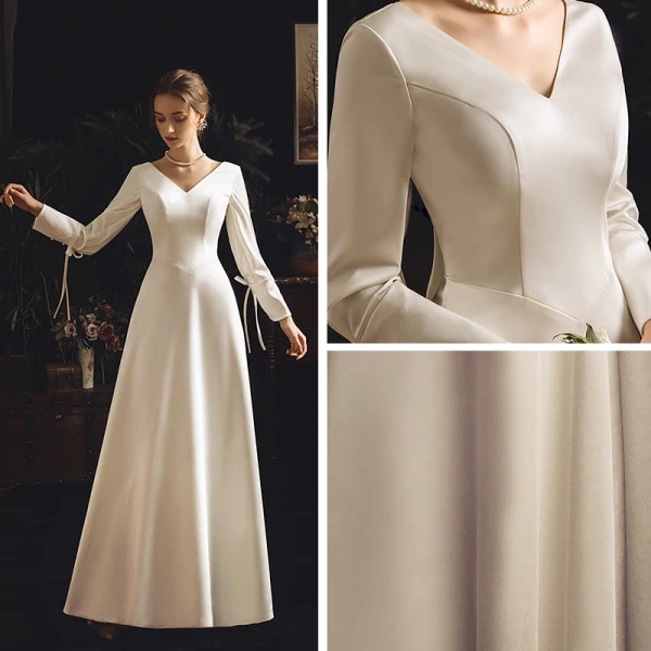 Vintage / Originale Ivoire Satin Robe De Mariée 2019 Gaine / Ajustement V-Cou Manches Longues Dos Nu Longue Volants