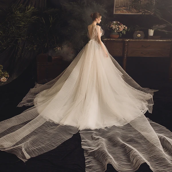 Fabuleux Champagne Robe De Mariée 2019 Princesse Bretelles Spaghetti Sans Manches Dos Nu Cristal Perlage Cathedral Train Volants