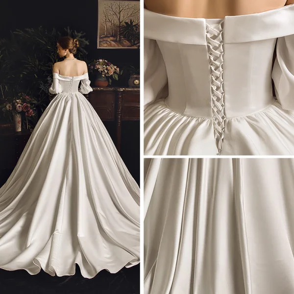 Enkla Elfenben Satin Bröllopsklänningar 2019 Prinsessa Av Axeln Pösigt 3/4 ärm Halterneck Chapel Train Ruffle