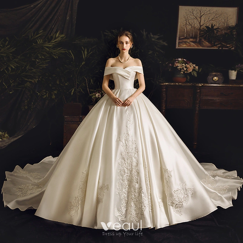 Chic / Beautiful Ivory Satin Wedding Dresses 2019 Ball Gown Off-The-Shoulder  Short Sleeve Backless Appliques Lace Rhinestone Chapel Train Ruffle