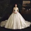 Schöne Ivory / Creme Satin Brautkleider / Hochzeitskleider 2019 Ballkleid Off Shoulder Kurze Ärmel Rückenfreies Applikationen Spitze Strass Kapelle-Schleppe Rüschen