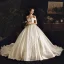 Schöne Ivory / Creme Satin Brautkleider / Hochzeitskleider 2019 Ballkleid Off Shoulder Kurze Ärmel Rückenfreies Applikationen Spitze Strass Kapelle-Schleppe Rüschen