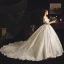 Schöne Ivory / Creme Satin Brautkleider / Hochzeitskleider 2019 Ballkleid Off Shoulder Kurze Ärmel Rückenfreies Applikationen Spitze Strass Kapelle-Schleppe Rüschen