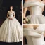 Schöne Ivory / Creme Satin Brautkleider / Hochzeitskleider 2019 Ballkleid Off Shoulder Kurze Ärmel Rückenfreies Applikationen Spitze Strass Kapelle-Schleppe Rüschen
