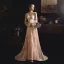 Meilleur Champagne Transparentes Jardin / Extérieur Robe De Mariée 2019 Gaine / Ajustement Encolure Dégagée Gonflée Manches Longues Appliques En Dentelle Train De Balayage Volants