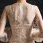 Meilleur Champagne Transparentes Jardin / Extérieur Robe De Mariée 2019 Gaine / Ajustement Encolure Dégagée Gonflée Manches Longues Appliques En Dentelle Train De Balayage Volants
