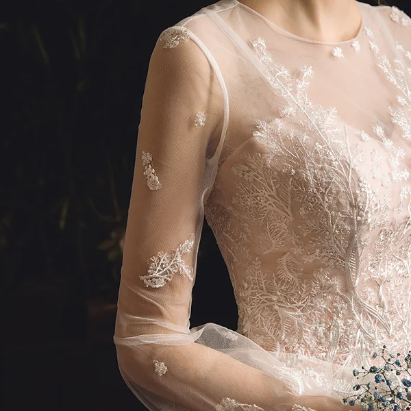 Meilleur Champagne Transparentes Jardin / Extérieur Robe De Mariée 2019 Gaine / Ajustement Encolure Dégagée Gonflée Manches Longues Appliques En Dentelle Train De Balayage Volants
