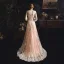 Meilleur Champagne Transparentes Jardin / Extérieur Robe De Mariée 2019 Gaine / Ajustement Encolure Dégagée Gonflée Manches Longues Appliques En Dentelle Train De Balayage Volants