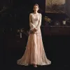 Best Champagne See-through Outdoor / Garden Wedding Dresses 2019 Sheath / Fit Scoop Neck Puffy Long Sleeve Appliques Lace Sweep Train Ruffle