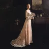 Best Champagne See-through Outdoor / Garden Wedding Dresses 2019 Sheath / Fit Scoop Neck Puffy Long Sleeve Appliques Lace Sweep Train Ruffle