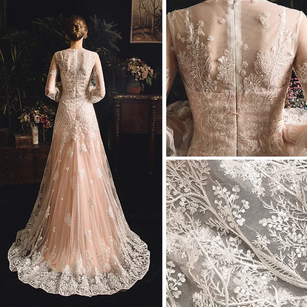 Meilleur Champagne Transparentes Jardin / Extérieur Robe De Mariée 2019 Gaine / Ajustement Encolure Dégagée Gonflée Manches Longues Appliques En Dentelle Train De Balayage Volants