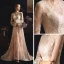 Meilleur Champagne Transparentes Jardin / Extérieur Robe De Mariée 2019 Gaine / Ajustement Encolure Dégagée Gonflée Manches Longues Appliques En Dentelle Train De Balayage Volants