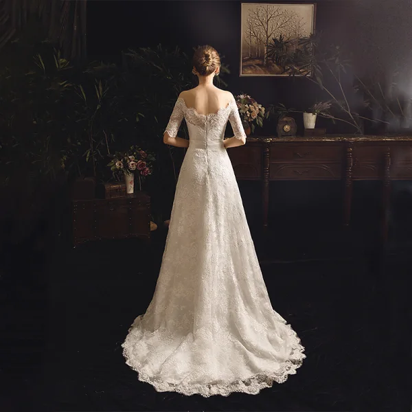 Élégant Ivoire Jardin / Extérieur Robe De Mariée 2019 Gaine / Ajustement De l'épaule 1/2 Manches Dos Nu Ceinture Appliques En Dentelle Train De Balayage Volants