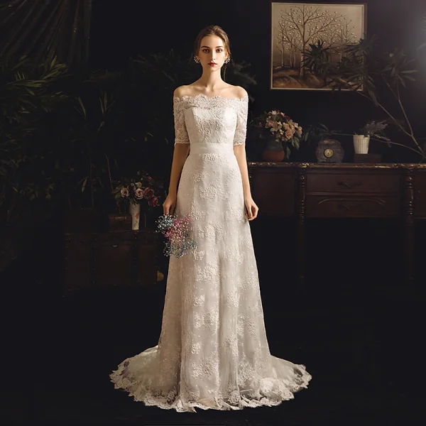 Élégant Ivoire Jardin / Extérieur Robe De Mariée 2019 Gaine / Ajustement De l'épaule 1/2 Manches Dos Nu Ceinture Appliques En Dentelle Train De Balayage Volants
