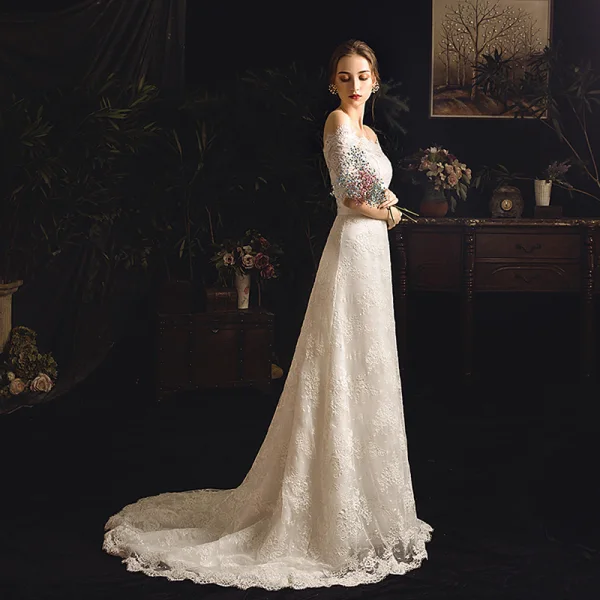 Élégant Ivoire Jardin / Extérieur Robe De Mariée 2019 Gaine / Ajustement De l'épaule 1/2 Manches Dos Nu Ceinture Appliques En Dentelle Train De Balayage Volants
