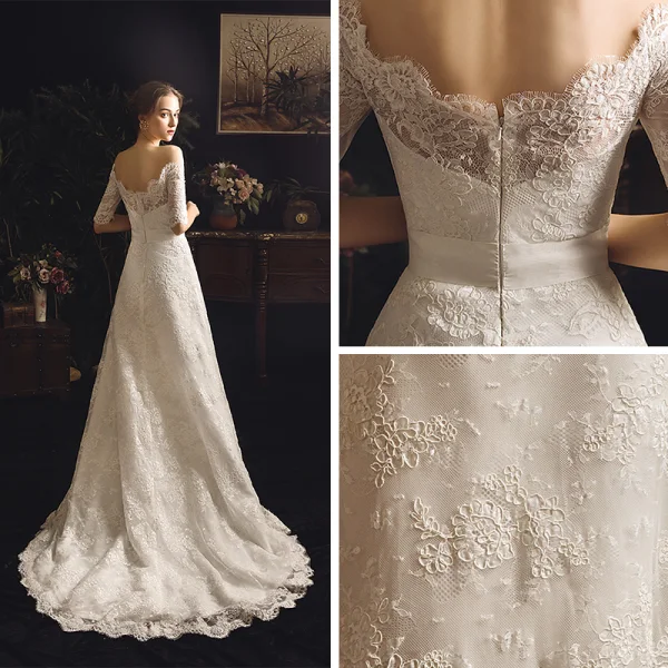 Élégant Ivoire Jardin / Extérieur Robe De Mariée 2019 Gaine / Ajustement De l'épaule 1/2 Manches Dos Nu Ceinture Appliques En Dentelle Train De Balayage Volants