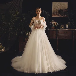 Illusion Champagne Transparentes Robe De Mariée 2019 Princesse Encolure Carrée Manches Longues Plumes Dos Nu Appliques En Dentelle Percé Perlage Tribunal Train