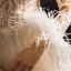 Illusion Champagne Genomskinliga Bröllopsklänningar 2019 Prinsessa Fyrkantig Ringning Långärmad Fjäder Halterneck Appliqués Spets Pierced Beading Domstol Tåg