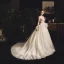 Illusion Champagne Genomskinliga Bröllopsklänningar 2019 Prinsessa Fyrkantig Ringning Långärmad Fjäder Halterneck Appliqués Spets Pierced Beading Domstol Tåg