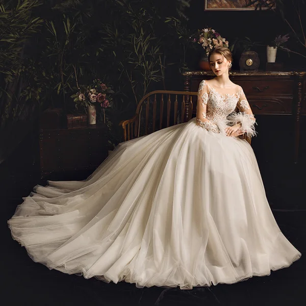 Illusion Champagne Genomskinliga Bröllopsklänningar 2019 Prinsessa Fyrkantig Ringning Långärmad Fjäder Halterneck Appliqués Spets Pierced Beading Domstol Tåg