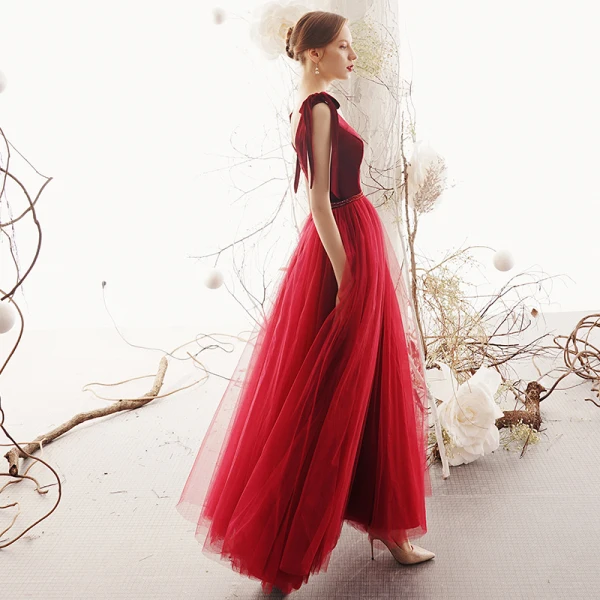 Elegant Burgundy Suede Evening Dresses 2019 A-Line / Princess See-through Deep V-Neck Sleeveless Beading Sash Floor-Length / Long Ruffle Backless Formal Dresses