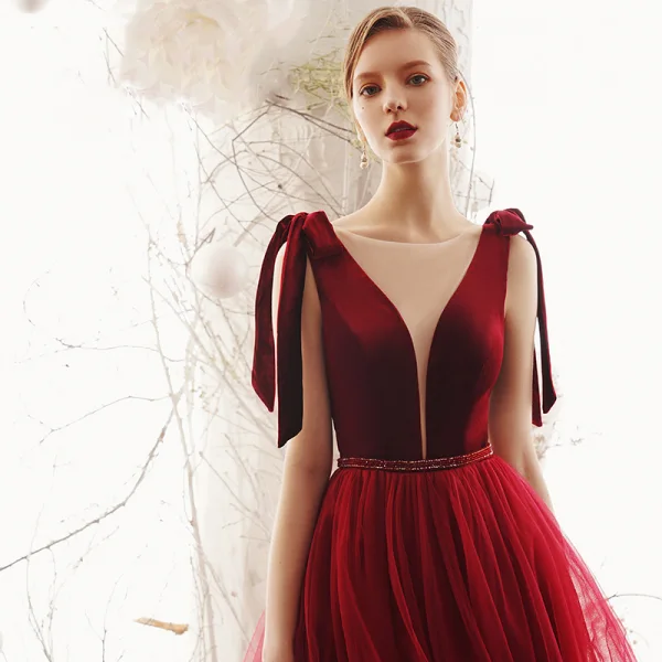 Elegant Burgundy Suede Evening Dresses 2019 A-Line / Princess See-through Deep V-Neck Sleeveless Beading Sash Floor-Length / Long Ruffle Backless Formal Dresses