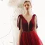 Elegant Burgundy Suede Evening Dresses  2019 A-Line / Princess See-through Deep V-Neck Sleeveless Beading Sash Floor-Length / Long Ruffle Backless Formal Dresses