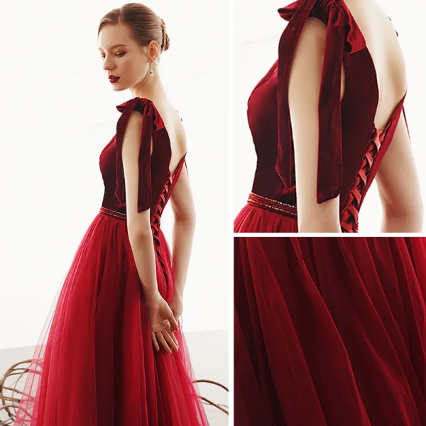 Elegant Burgundy Suede Evening Dresses 2019 A-Line / Princess See-through Deep V-Neck Sleeveless Beading Sash Floor-Length / Long Ruffle Backless Formal Dresses