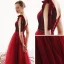 Elegant Burgundy Suede Evening Dresses  2019 A-Line / Princess See-through Deep V-Neck Sleeveless Beading Sash Floor-Length / Long Ruffle Backless Formal Dresses