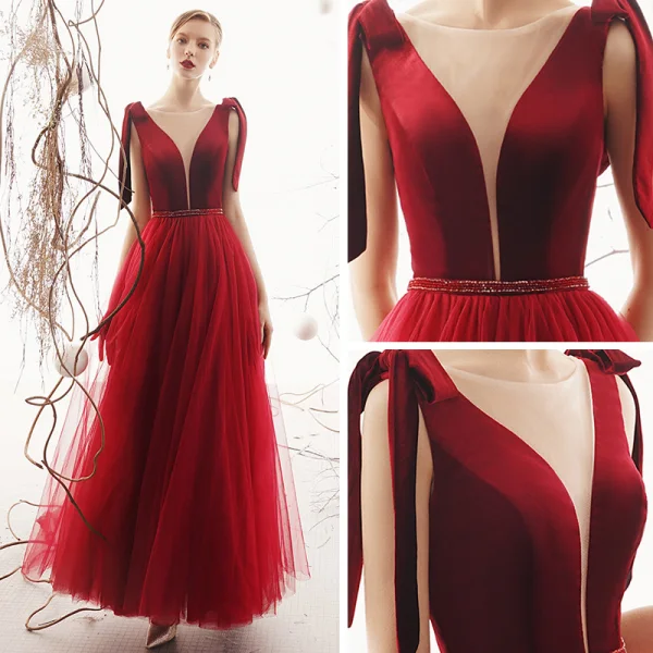 Elegant Burgundy Suede Evening Dresses 2019 A-Line / Princess See-through Deep V-Neck Sleeveless Beading Sash Floor-Length / Long Ruffle Backless Formal Dresses