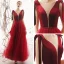 Elegant Burgundy Suede Evening Dresses  2019 A-Line / Princess See-through Deep V-Neck Sleeveless Beading Sash Floor-Length / Long Ruffle Backless Formal Dresses