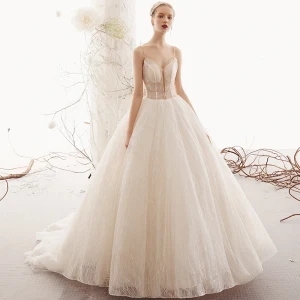 Bling Bling Champagne Robe De Mariée 2019 Princesse Bretelles Spaghetti Sans Manches Dos Nu Perlage Glitter Tulle Tribunal Train Volants