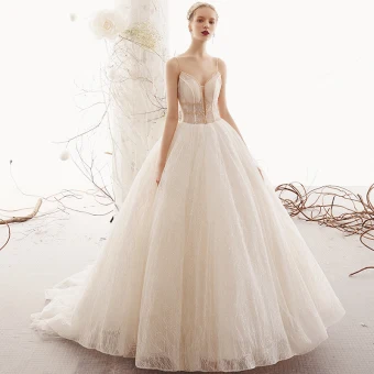 Bling Bling Champagne Wedding Dresses 2019 A Line Princess Spaghetti Straps Sleeveless Backless Beading Glitter Tulle Court Train Ruffle