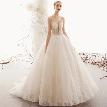 Bling Bling Champagne Robe De Mariée 2019 Princesse Bretelles Spaghetti Sans Manches Dos Nu Perlage Glitter Tulle Tribunal Train Volants
