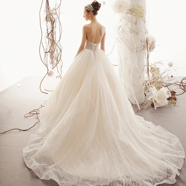 Bling Bling Champagne Wedding Dresses 2019 A-Line / Princess Spaghetti Straps Sleeveless Backless Beading Glitter Tulle Court Train Ruffle