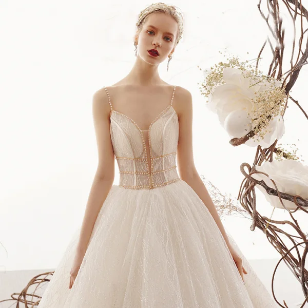Bling Bling Champagne Wedding Dresses 2019 A-Line / Princess Spaghetti Straps Sleeveless Backless Beading Glitter Tulle Court Train Ruffle