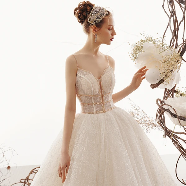 Bling Bling Champagne Wedding Dresses 2019 A-Line / Princess Spaghetti Straps Sleeveless Backless Beading Glitter Tulle Court Train Ruffle