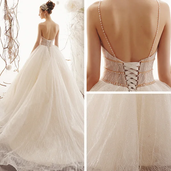 Bling Bling Champagne Wedding Dresses 2019 A-Line / Princess Spaghetti Straps Sleeveless Backless Beading Glitter Tulle Court Train Ruffle